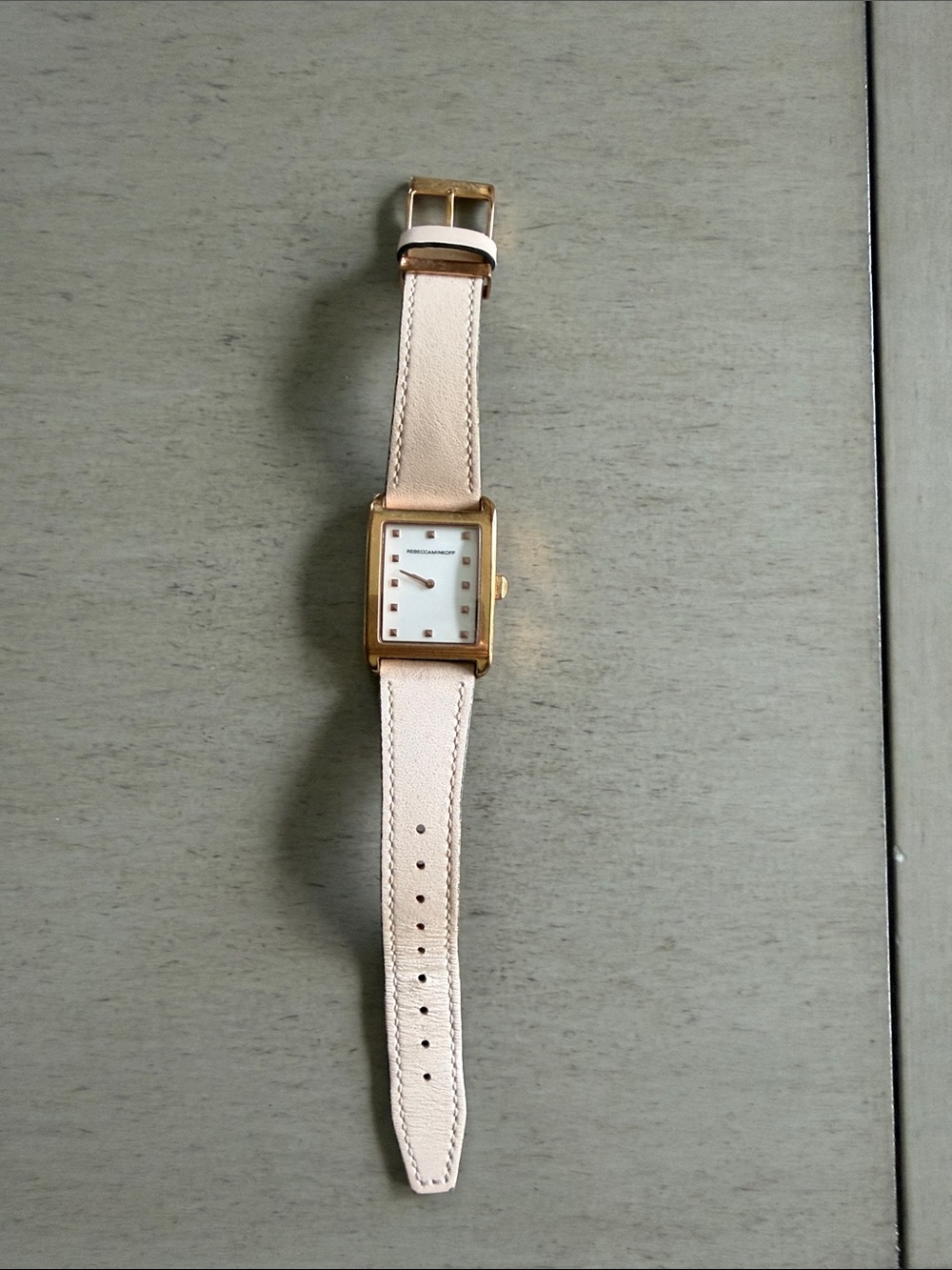 Rebecca Minkoff Gold-Tone Rectangular Watch with Pale Pink Leather Strap